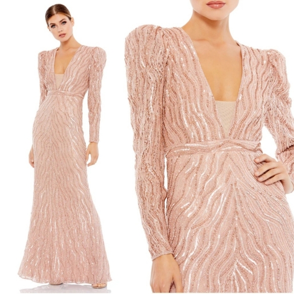 Mac Duggal size 18 Beaded Puff Sleeve Trumpet Mocha Light...